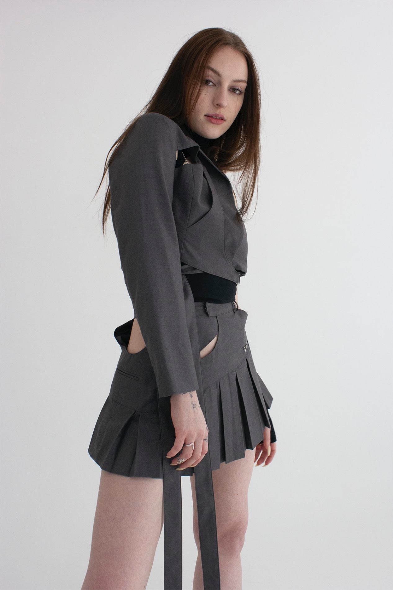 Gray Cutout Pleated Button Skirt
