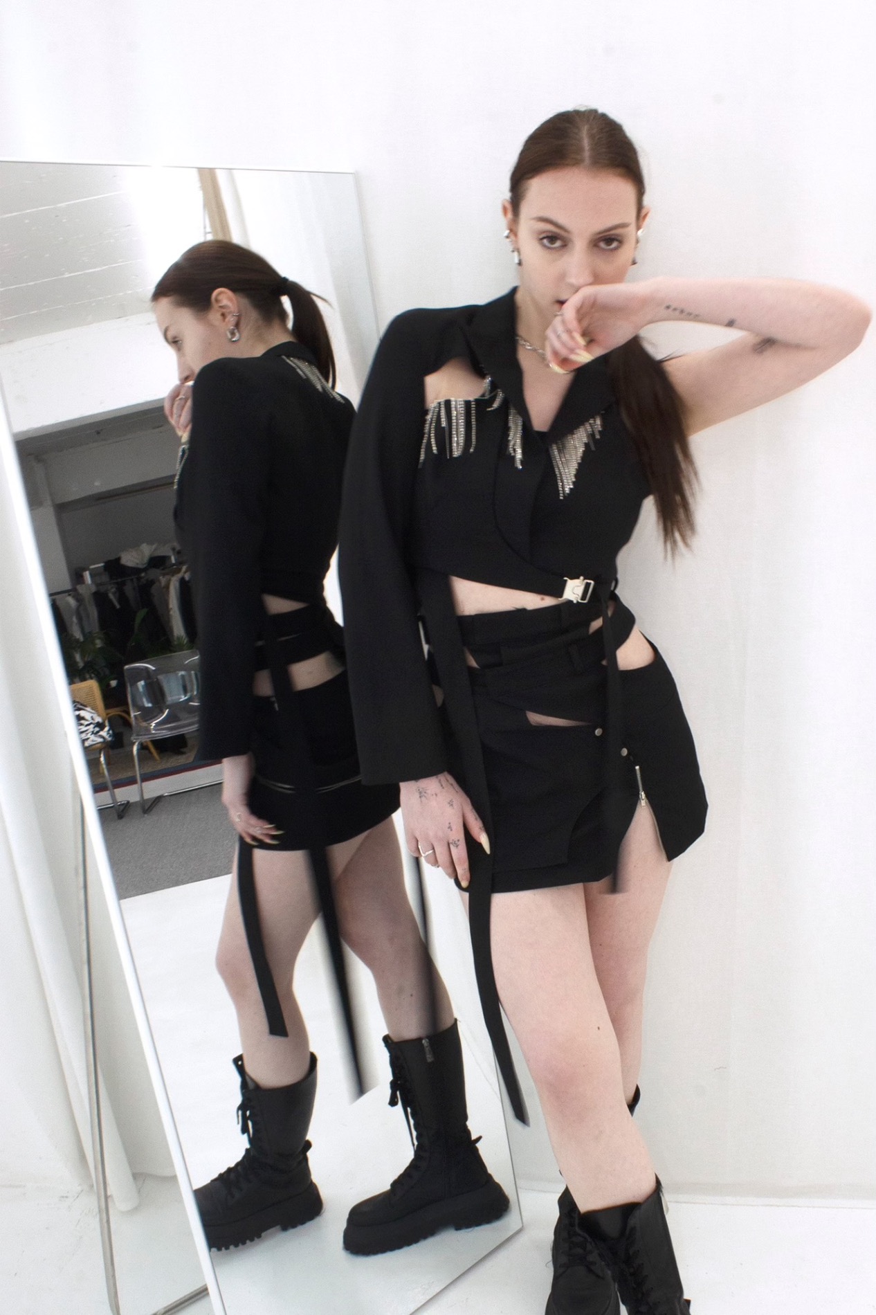 Black Double Belted Zipper Skirt